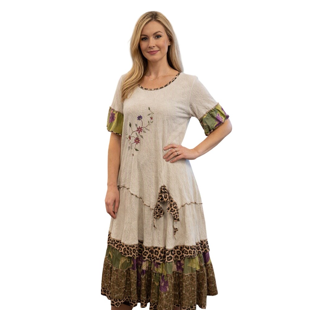 Spencer Alexis Crinkle Skirt Set Beige Floral Embroidery Leopard Trim Maxi 2PC